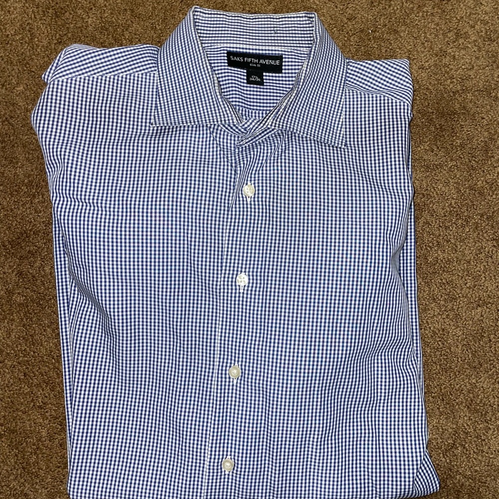 Saks Fifth Avenue Blue Dress Shirt with Gingham Pattern